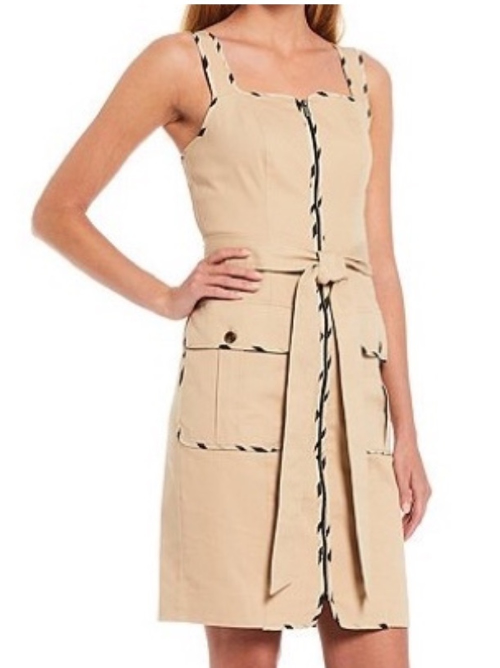 LDT Eileen Sleeveless Square Neck Contrast Trim Zip Front Tank Dress Beige Black